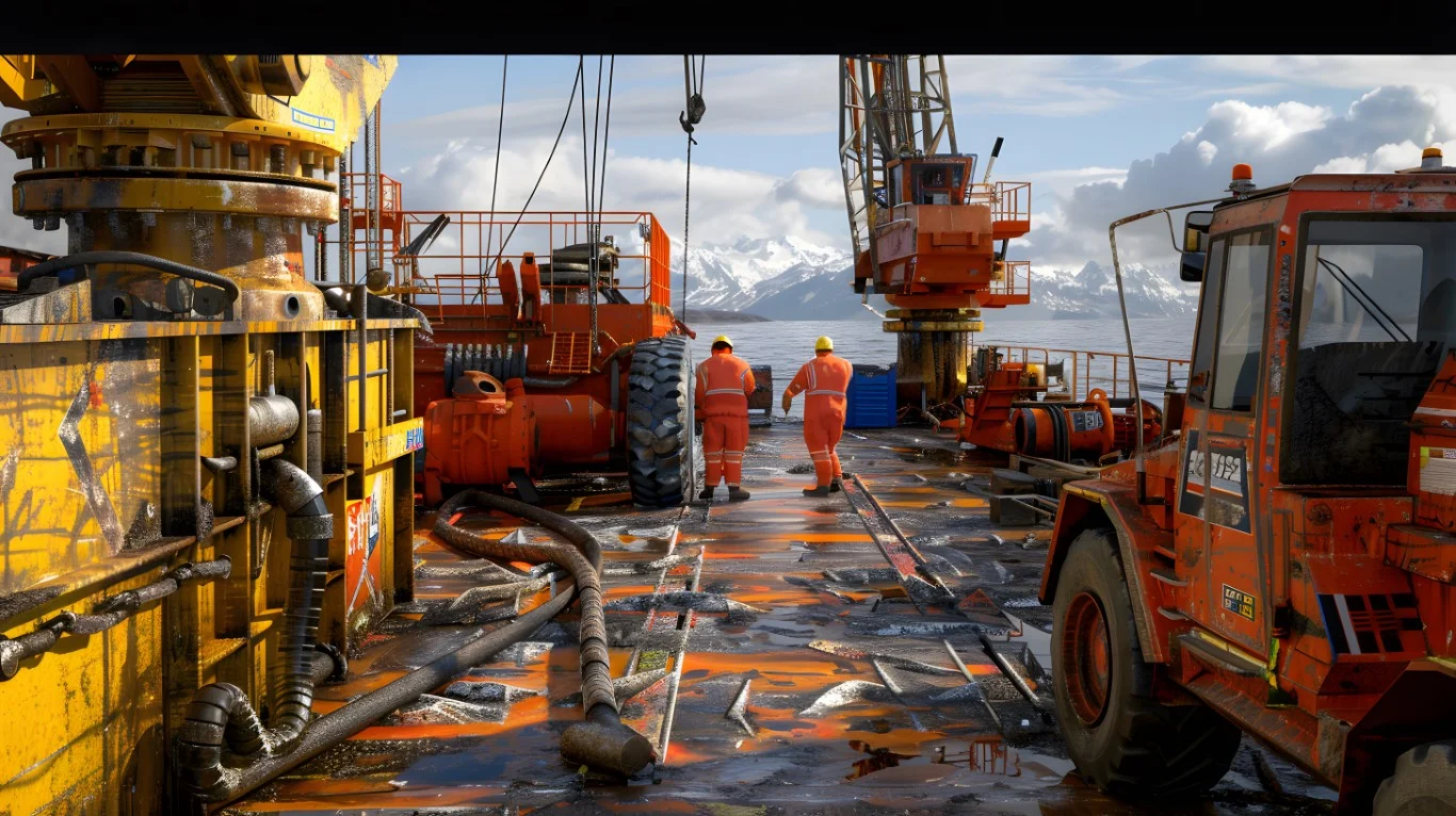 two men orange suits are ship with large orange object background Orta