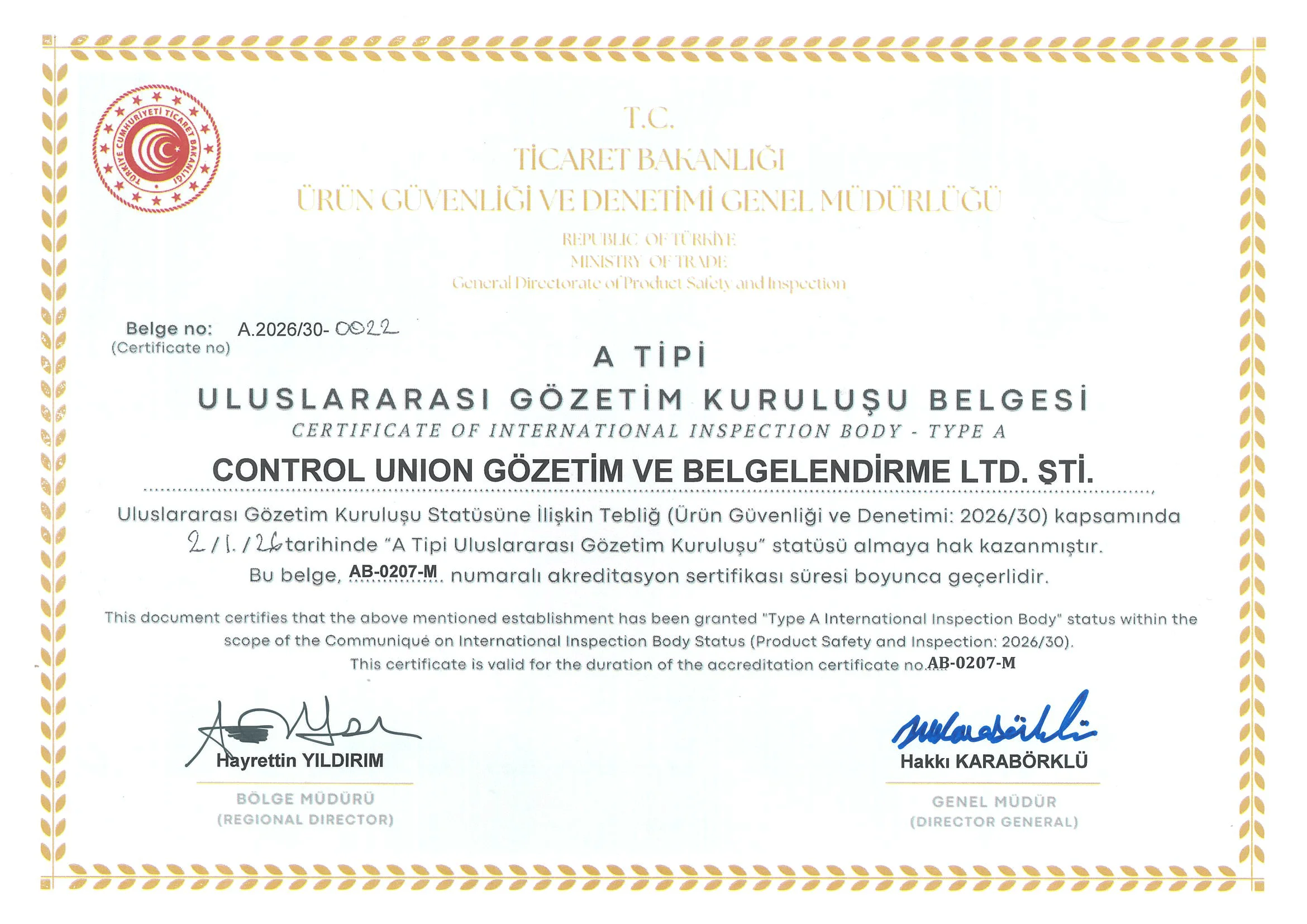 Uluslararası Gözetim Şirketi Belgesi Ticaret Bak. A Tipi