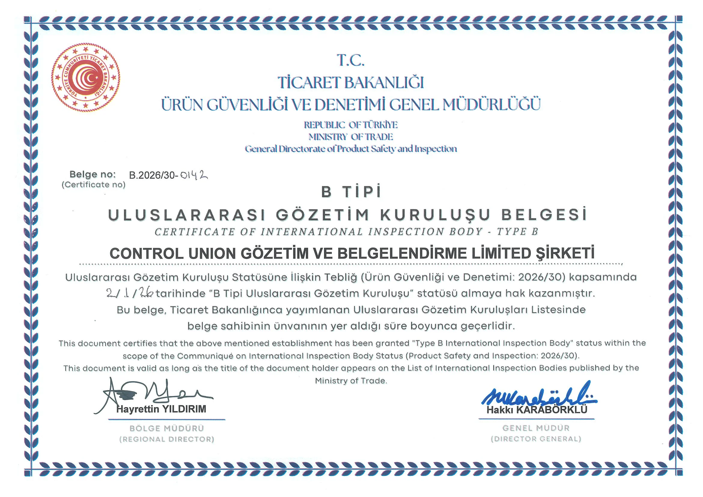 Uluslararası Gözetim Şirketi Belgesi Ticaret Bak. B Tipi