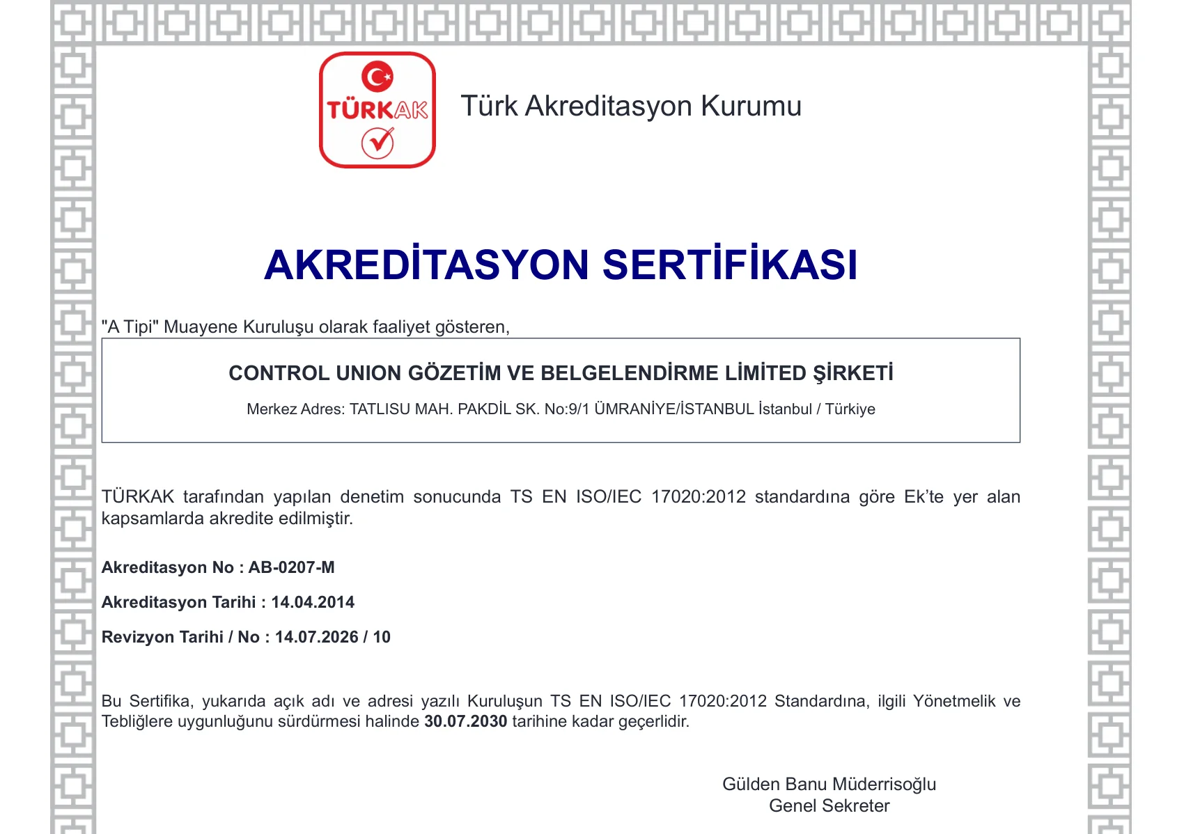 ISO 17020 Türkak Sertifika ve Kapsam (AB 0207 M) 1
