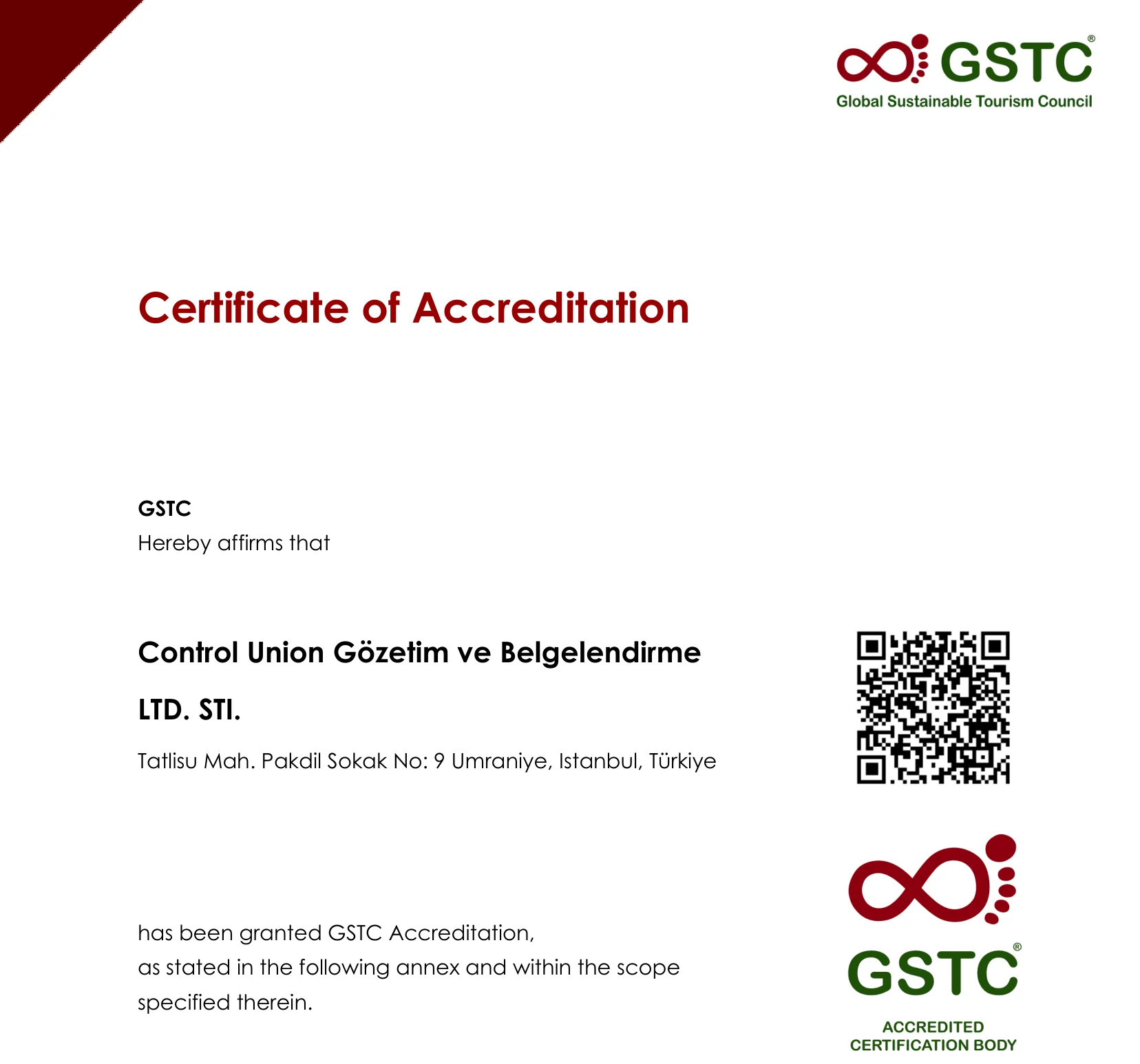 GSTC Accreditation Certificate
